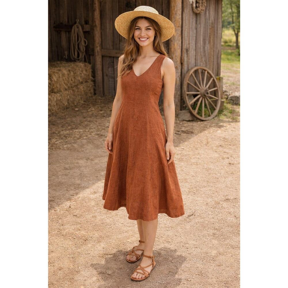 Poetry Terracota V-Neck Sleeveless Linen Side Seam Pockets Comfy Dress Sz 8 NWT